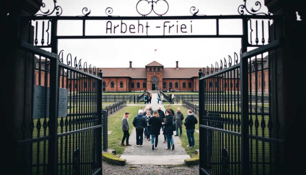 A serene, panoramic view of the Auschwitz-Birkenau Memorial and Museum in Oświęcim, Poland. The foreground showcases the iconic wrought-iron gate with the infamous "Arbeit macht frei" inscription, leading visitors into the solemn grounds. The middle layer features a group of tourists, some with audio guides, exploring the site with reverence. In the background, the striking red-brick buildings of the former concentration camp stand as a somber reminder of the tragic history. The scene is bathed in soft, muted lighting, creating an atmosphere of contemplation and reflection. The composition emphasizes the scale and significance of the memorial, inviting the viewer to consider the various options for visiting and experiencing this important historical site.