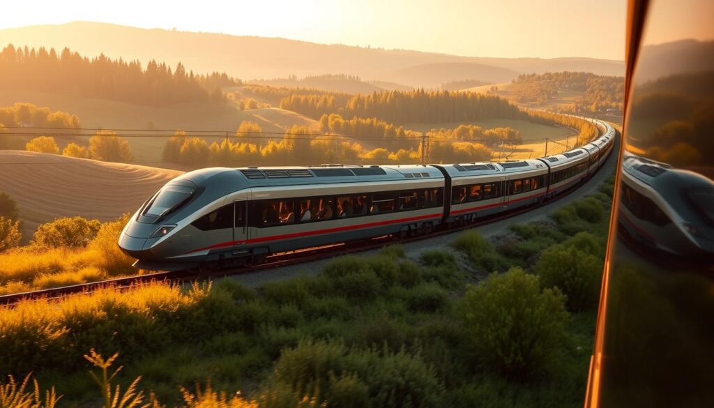 A sleek, modern Intercity train gliding through the Polish countryside, cutting through the rolling hills and lush forests between Warsaw and Gdańsk. The locomotive's aerodynamic silhouette is bathed in warm, golden light, casting long shadows across the landscape. Passengers can be seen seated comfortably inside the train's spacious, well-appointed carriages, gazing out at the passing scenery. The scene conveys a sense of efficient, comfortable travel, with the train representing the reliable, high-speed connection between these two important Polish cities.