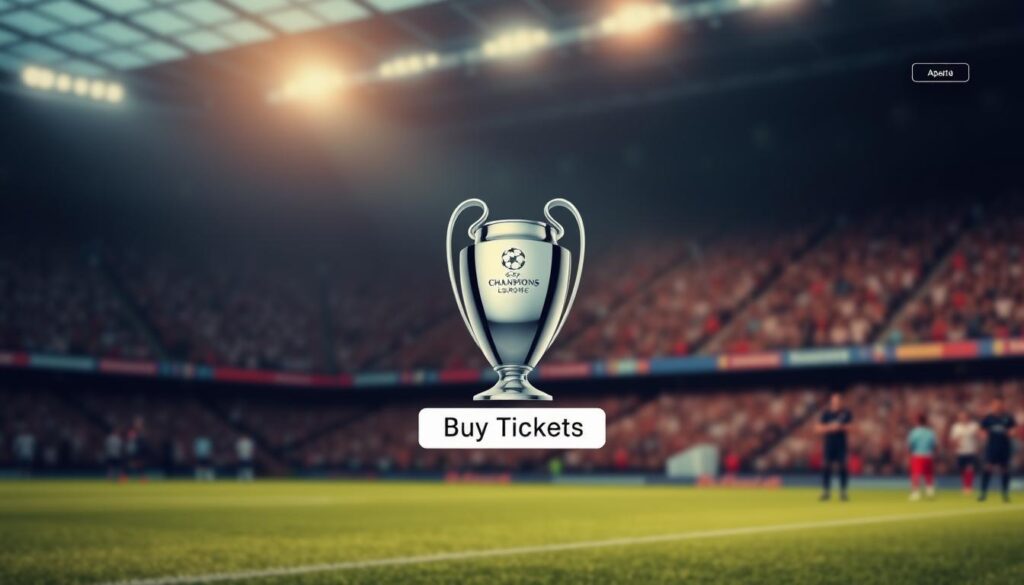 A sleek, modern website interface showcasing the official UEFA Champions League final ticket sales. In the foreground, a clean, responsive design with a prominent "Buy Tickets" call-to-action button. The middle ground features a dynamic, animated hero image depicting the iconic Champions League trophy, set against a blurred, out-of-focus stadium crowd in the background. The lighting is soft and even, with a warm, inviting color palette that evokes the prestige and excitement of the final match. The overall composition and user experience convey a sense of exclusivity and professionalism, reflecting the high-stakes nature of securing tickets to this premier sporting event.