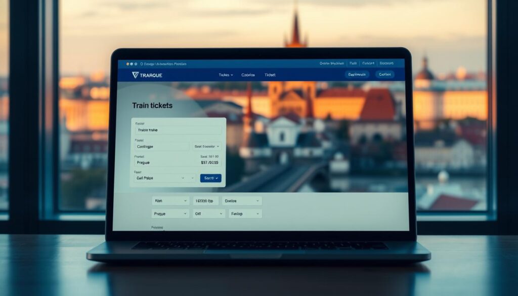 A sleek, responsive online booking interface for rail travel in Poland. In the foreground, a laptop or tablet displays a clean, intuitive web page allowing users to easily search for and purchase train tickets to Prague. The middle ground features an abstract cityscape of Prague, with iconic landmarks like the Charles Bridge and Prague Castle hinted at in the background. The scene is bathed in a warm, modern color palette, conveying a sense of efficiency, convenience, and excitement for the journey ahead. Crisp lighting and a high-quality, professional camera lens create a polished, visually appealing image. A sleek, responsive online booking interface for rail travel in Poland. In the foreground, a laptop or tablet displays a clean, intuitive web page allowing users to easily search for and purchase train tickets to Prague. The middle ground features an abstract cityscape of Prague, with iconic landmarks like the Charles Bridge and Prague Castle hinted at in the background. The scene is bathed in a warm, modern color palette, conveying a sense of efficiency, convenience, and excitement for the journey ahead. Crisp lighting and a high-quality, professional camera lens create a polished, visually appealing image.