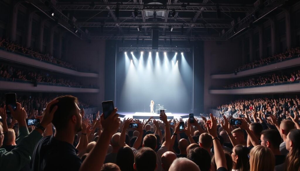 A sold-out concert hall, the stage bathed in a warm spotlight, as fans eagerly await the arrival of Sylwia Grzeszczak, a beloved Polish pop artist. The air is electric with anticipation, the crowd buzzing with excitement. In the foreground, a sea of outstretched hands, phones capturing the moment, eager to document the performance. In the middle ground, the stage itself, a sleek, modern design, a testament to the artist's popularity and the high production values of the event. In the background, the venue's architecture, with its clean lines and expansive windows, creating a sense of grandeur and scale. The overall mood is one of celebration, the fans' enthusiasm palpable, reflecting the artist's ability to captivate and connect with her audience. A sold-out concert hall, the stage bathed in a warm spotlight, as fans eagerly await the arrival of Sylwia Grzeszczak, a beloved Polish pop artist. The air is electric with anticipation, the crowd buzzing with excitement. In the foreground, a sea of outstretched hands, phones capturing the moment, eager to document the performance. In the middle ground, the stage itself, a sleek, modern design, a testament to the artist's popularity and the high production values of the event. In the background, the venue's architecture, with its clean lines and expansive windows, creating a sense of grandeur and scale. The overall mood is one of celebration, the fans' enthusiasm palpable, reflecting the artist's ability to captivate and connect with her audience.