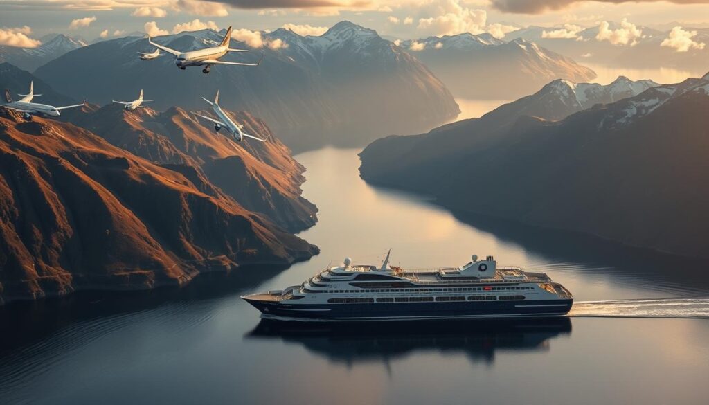 A sprawling aerial view of Norway's majestic fjords and mountains, with sleek passenger jets soaring gracefully above the dramatic landscape. In the foreground, a modern ferry glides across the tranquil waters, its sleek silhouette mirrored in the calm fjord. The scene is bathed in warm, golden light, creating a sense of serenity and awe. The composition showcases the striking contrast between the agility of air travel and the steady, methodical pace of sea voyages, inviting the viewer to consider the relative merits of each mode of transportation to this Nordic paradise.