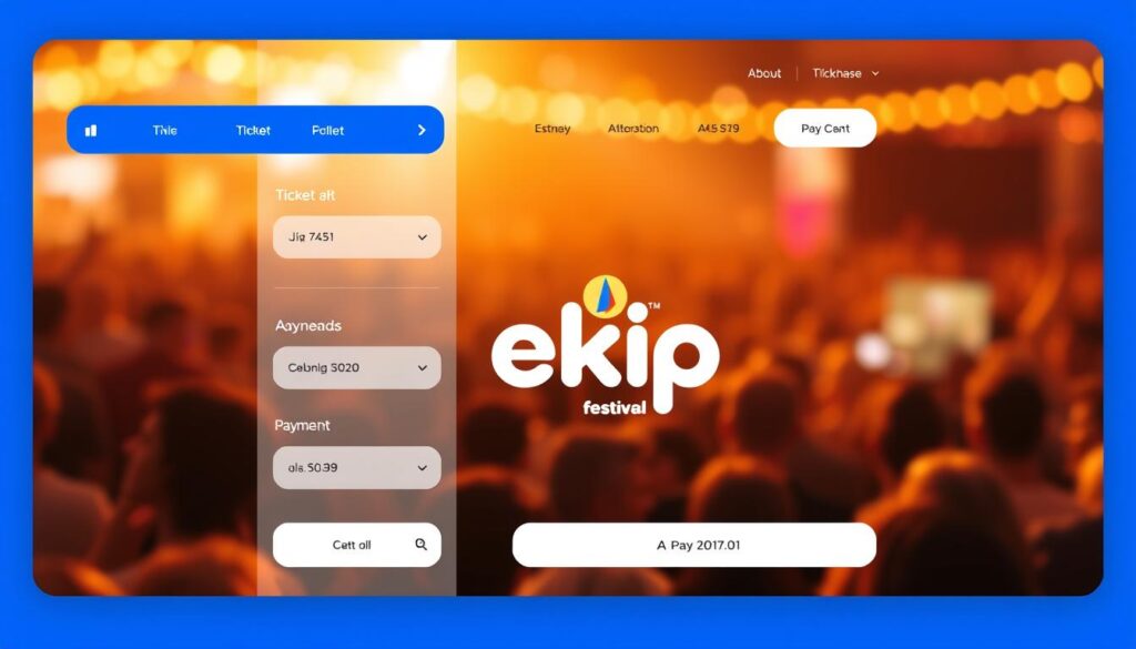 A stunning online ticket purchase interface for the Ekipa Festival, featuring a clean, minimalist design with a bold, vibrant color palette. The foreground showcases a sleek, intuitive ticket selection and payment process, with smooth transitions and clear call-to-action buttons. The middle ground depicts the festival's logo and branding, conveying a sense of energy and excitement. In the background, a blurred, out-of-focus crowd scene suggests the lively atmosphere of the event, with a warm, golden lighting that creates a welcoming and immersive atmosphere. The overall composition and attention to detail evoke a seamless, user-friendly experience for festival-goers to easily purchase their tickets online.