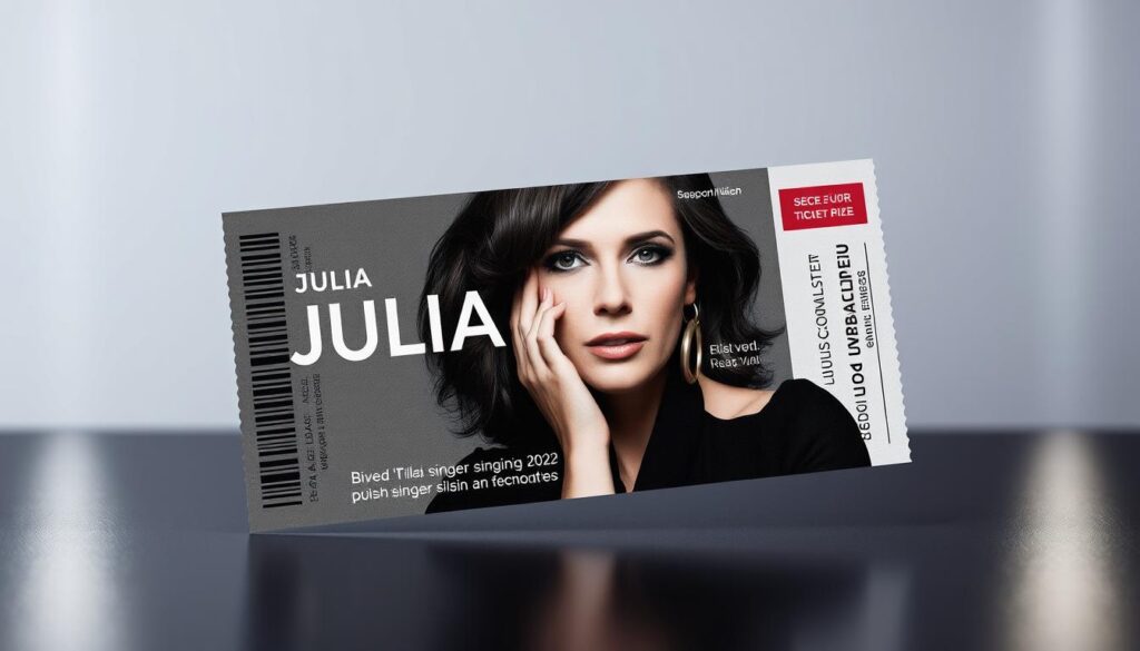A stylish concert ticket design featuring a striking portrait of Julia Żugaj, the renowned Polish singer-songwriter. The ticket is set against a sleek, minimalist backdrop with a hint of metallic shimmer, lending an air of elegance and sophistication. The ticket's layout is clean and well-organized, allowing the key details such as the event name, date, venue, and ticket price to be easily legible. The overall composition is balanced and visually appealing, capturing the essence of the concert experience and inviting the viewer to secure their spot for this must-see performance.