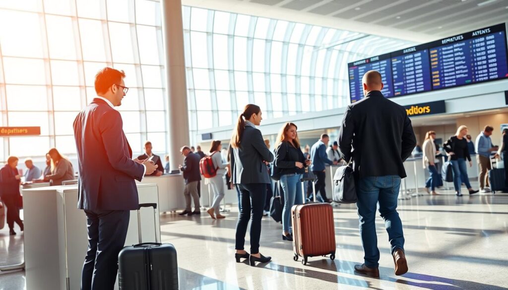 A sunlit airport terminal with travelers checking airline tickets and luggage. In the foreground, two smartly dressed figures standing at a ticket counter, engaged in a transaction. Behind them, passengers queuing patiently, some consulting their phones. In the middle ground, the terminal's sleek architecture with high ceilings and expansive windows, allowing natural light to flood the space. In the background, a departures board displaying flight information. The scene conveys a sense of efficiency and the excitement of air travel, with a focus on the process of booking airline tickets, whether through a travel agency or independently. A sunlit airport terminal with travelers checking airline tickets and luggage. In the foreground, two smartly dressed figures standing at a ticket counter, engaged in a transaction. Behind them, passengers queuing patiently, some consulting their phones. In the middle ground, the terminal's sleek architecture with high ceilings and expansive windows, allowing natural light to flood the space. In the background, a departures board displaying flight information. The scene conveys a sense of efficiency and the excitement of air travel, with a focus on the process of booking airline tickets, whether through a travel agency or independently.