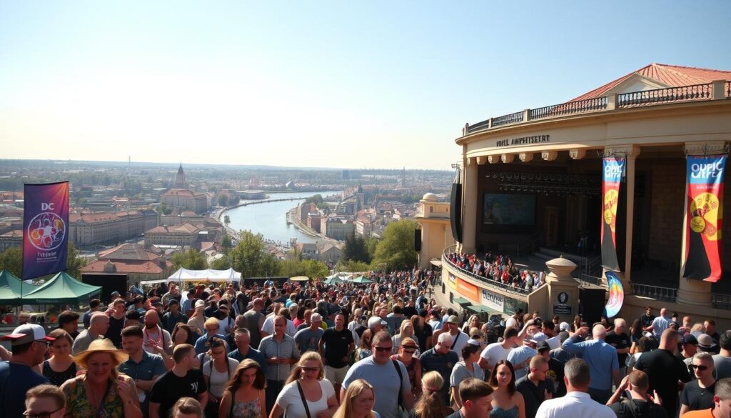A sunny day in Opole, Poland, as the city prepares for its annual music festival. In the foreground, a bustling crowd of music enthusiasts eagerly queues up at the festival ticket office, their faces lit with anticipation. The mid-ground showcases the iconic Opole Amphitheater, its grand architecture and vibrant banners creating a festive atmosphere. In the background, the city's skyline stretches out, with the Oder River winding through, reflecting the warm hues of the afternoon sun. The lighting is soft and natural, lending a sense of warmth and excitement to the scene. The camera angle is slightly elevated, offering a panoramic view of the festival preparations, inviting the viewer to imagine the energy and excitement of the upcoming event.