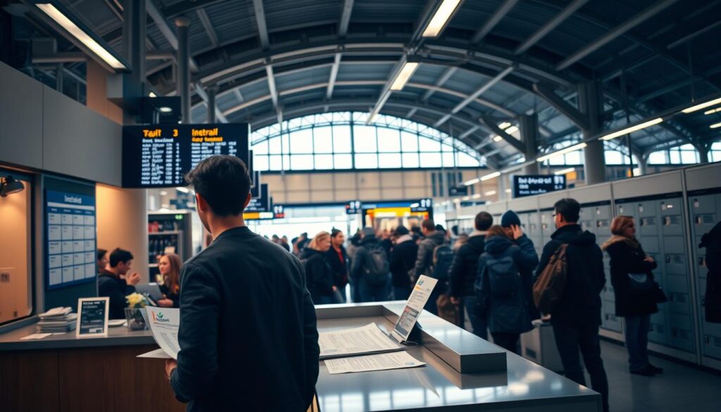 A train station interior with a customer service desk, illuminated by soft, warm lighting. In the foreground, a person standing at the desk, examining train schedules and reservations. In the middle ground, a line of passengers waiting to purchase Interrail passes. The background features departure boards, luggage lockers, and the bustling activity of a busy European train station. The atmosphere conveys a sense of organized chaos and anticipation, reflecting the process of planning and reserving Interrail travel. A train station interior with a customer service desk, illuminated by soft, warm lighting. In the foreground, a person standing at the desk, examining train schedules and reservations. In the middle ground, a line of passengers waiting to purchase Interrail passes. The background features departure boards, luggage lockers, and the bustling activity of a busy European train station. The atmosphere conveys a sense of organized chaos and anticipation, reflecting the process of planning and reserving Interrail travel.