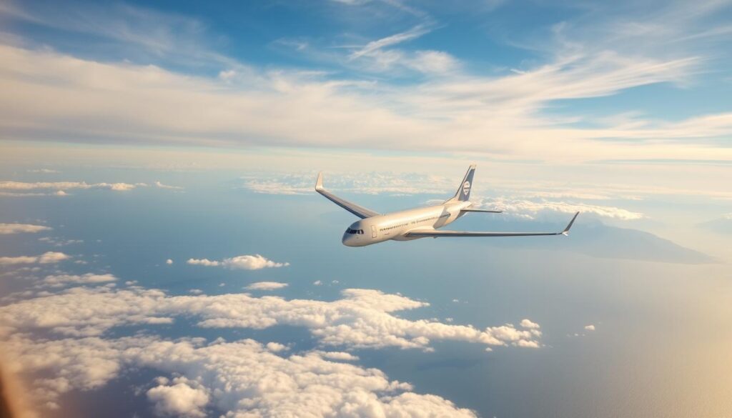 A tranquil aerial view of a long-haul flight from Poland to New Zealand. In the foreground, a commercial passenger jet soars gracefully through wispy clouds, its sleek wings cutting through the azure sky. The middle ground reveals a vast ocean expanse, shimmering under the warm glow of the sun. In the distant background, the snow-capped peaks of the Southern Alps rise majestically, hinting at the breathtaking landscapes that await the traveler's arrival. The scene conveys a sense of adventure and the wonder of international travel, capturing the essence of the journey from Poland to the remote and captivating land of New Zealand. A tranquil aerial view of a long-haul flight from Poland to New Zealand. In the foreground, a commercial passenger jet soars gracefully through wispy clouds, its sleek wings cutting through the azure sky. The middle ground reveals a vast ocean expanse, shimmering under the warm glow of the sun. In the distant background, the snow-capped peaks of the Southern Alps rise majestically, hinting at the breathtaking landscapes that await the traveler's arrival. The scene conveys a sense of adventure and the wonder of international travel, capturing the essence of the journey from Poland to the remote and captivating land of New Zealand.
