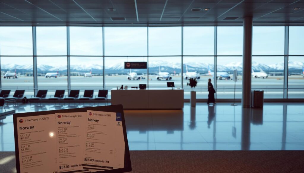 A tranquil airport lounge with soft, diffused lighting illuminating the scene. In the foreground, a display showcases various airline tickets to Norway, their prices and flight details meticulously presented. The middle ground features a sleek, modern information desk where travelers can inquire about flight options. In the background, a panoramic window offers a glimpse of the tarmac, with planes taking off and landing against a backdrop of snow-capped mountains. The overall atmosphere conveys a sense of efficiency, professionalism, and the allure of the Norwegian landscape.