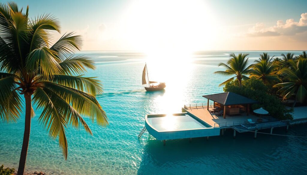 A tranquil, sun-drenched aerial view of the Maldives, showcasing the pristine white-sand beaches, crystal-clear turquoise waters, and lush tropical greenery. In the foreground, a luxurious overwater villa with a private infinity pool, surrounded by swaying palm trees. In the middle ground, a traditional Maldivian dhoni boat glides across the calm lagoon. The background features a stunning panoramic vista of the iconic Maldivian atolls, with their iconic turquoise hues and serene, postcard-worthy beauty. The scene is bathed in warm, golden sunlight, creating a sense of relaxation and escapism. The overall mood is one of tranquility, luxury, and the quintessential Maldivian paradise. A tranquil, sun-drenched aerial view of the Maldives, showcasing the pristine white-sand beaches, crystal-clear turquoise waters, and lush tropical greenery. In the foreground, a luxurious overwater villa with a private infinity pool, surrounded by swaying palm trees. In the middle ground, a traditional Maldivian dhoni boat glides across the calm lagoon. The background features a stunning panoramic vista of the iconic Maldivian atolls, with their iconic turquoise hues and serene, postcard-worthy beauty. The scene is bathed in warm, golden sunlight, creating a sense of relaxation and escapism. The overall mood is one of tranquility, luxury, and the quintessential Maldivian paradise.