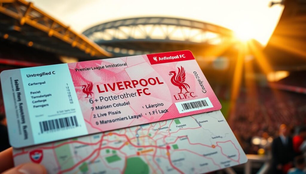 A vibrant Liverpool FC match ticket displayed against a backdrop of the iconic Anfield stadium, bathed in warm, golden light. The ticket's intricate design and holographic elements stand out, conveying a sense of authenticity and excitement for the upcoming match. In the foreground, a map of the local area highlights key landmarks and transportation hubs, providing practical guidance for Polish fans traveling to the game. The overall scene evokes the anticipation and preparation involved in attending a Premier League fixture in the historic city of Liverpool.