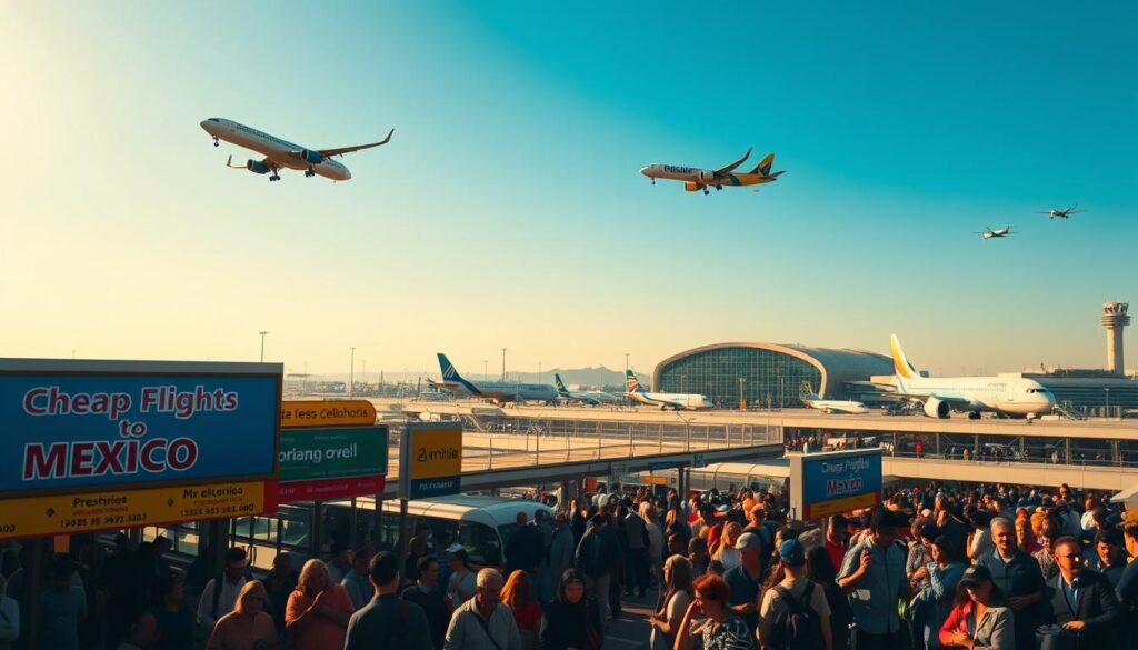 A vibrant aerial scene of a bustling international airport, with a modern terminal building and multiple aircraft taking off and landing against a clear blue sky. In the foreground, a collection of travel agency banners and billboards advertise "Cheap Flights to Mexico" in multiple languages, showcasing enticing deals and discounted fares. The mid-ground features a crowd of passengers eagerly checking their tickets and luggage, creating a sense of excitement and anticipation for the journey ahead. The background is filled with the silhouettes of additional airport infrastructure, conveying the scale and efficiency of the transportation hub. Warm, natural lighting bathes the entire scene, evoking a welcoming and accessible atmosphere for air travel. A vibrant aerial scene of a bustling international airport, with a modern terminal building and multiple aircraft taking off and landing against a clear blue sky. In the foreground, a collection of travel agency banners and billboards advertise "Cheap Flights to Mexico" in multiple languages, showcasing enticing deals and discounted fares. The mid-ground features a crowd of passengers eagerly checking their tickets and luggage, creating a sense of excitement and anticipation for the journey ahead. The background is filled with the silhouettes of additional airport infrastructure, conveying the scale and efficiency of the transportation hub. Warm, natural lighting bathes the entire scene, evoking a welcoming and accessible atmosphere for air travel.