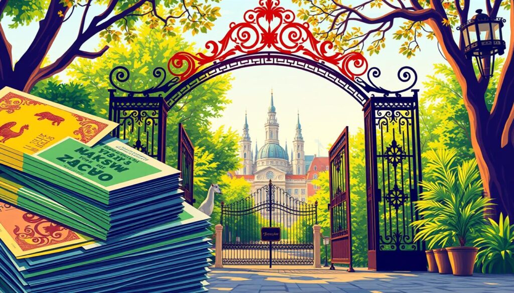 A vibrant and detailed illustration of zoo tickets in Warsaw, capturing the essence of the city's iconic zoological garden. The foreground depicts a stack of colorful tickets, their intricate designs showcasing the character of the attraction. The middle ground features a glimpse of the zoo's entrance, with ornate gates and lush greenery framing the scene. In the background, the iconic architecture of Warsaw's cityscape rises, creating a captivating urban backdrop. The lighting is warm and inviting, evoking a sense of excitement and adventure. The overall composition conveys the accessibility and allure of visiting the Warsaw Zoo, making this image a perfect visual representation for the article's subject.