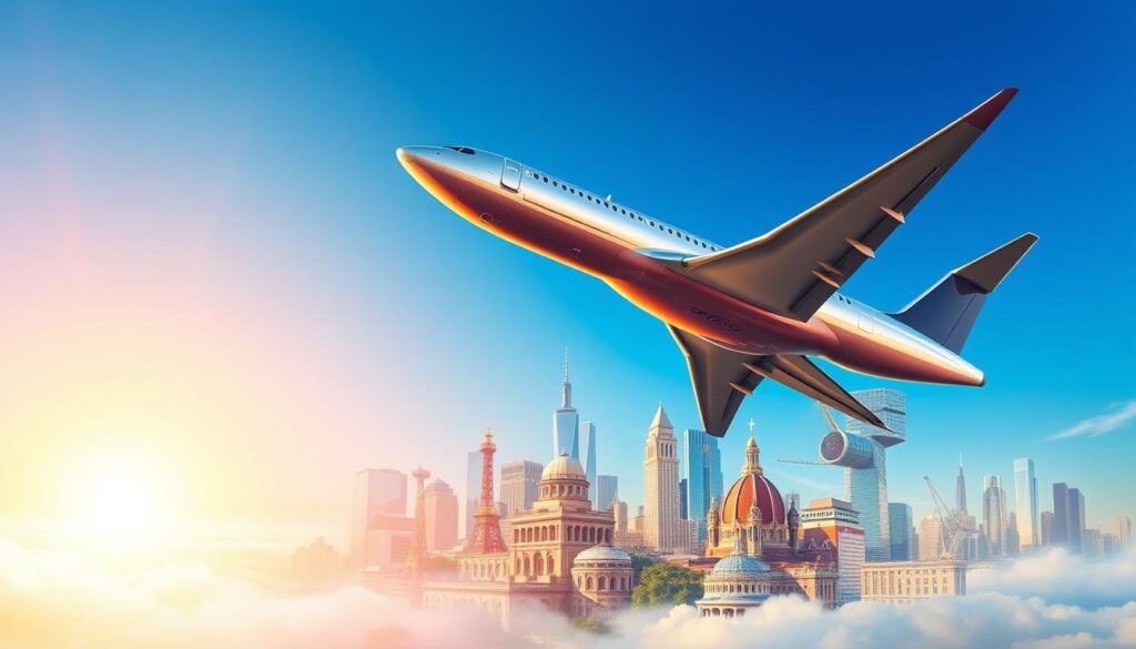 A vibrant and dynamic image showcasing the best flight deals to the United States. In the foreground, a sleek and modern airplane soaring against a clear blue sky, its polished fuselage reflecting the sun's rays. In the middle ground, a collage of various destinations across the US, with iconic landmarks and cityscapes serving as a backdrop. The background features a vibrant color palette, with warm hues of orange and yellow creating a sense of excitement and anticipation. The lighting is soft and diffused, giving the image a dreamlike quality. The overall composition is balanced and symmetrical, drawing the viewer's eye towards the center of the frame. The mood is one of adventure and discovery, perfectly capturing the spirit of the "Promocje na bilety lotnicze do Stanów Zjednoczonych" section.