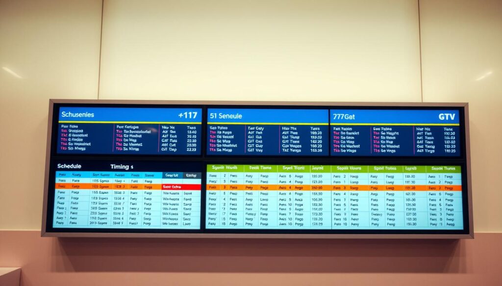 A vibrant and informative bus schedule display, showcasing the routes and timetables of the GTV Bus network. The display is set against a clean, modern backdrop, with a sleek and minimal design. The schedule information is presented in a clear, legible format, making it easy for passengers to navigate. The lighting is soft and diffused, creating a warm and inviting atmosphere. The camera angle is positioned slightly above the display, giving a comprehensive overview of the schedule. The overall mood is one of efficiency and practicality, perfectly suited to illustrate the section on "GTV Bus rozkład jazdy i dostępność tras" in the article.