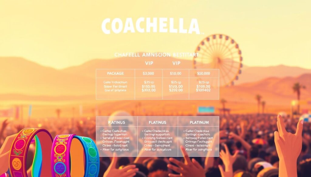 A vibrant and informative illustration showcasing the different Coachella ticket options. In the foreground, an array of colorful festival wristbands, each representing a distinct package - General Admission, VIP, and Platinum. The middle ground features a detailed breakdown of the pricing and benefits for each ticket type, presented in a clean, infographic-style layout. The background subtly captures the energy of the Coachella festival, with a hazy desert landscape and the iconic Ferris wheel in the distance, all bathed in warm, golden lighting that evokes the sunny, festival atmosphere. The overall composition is balanced, visually striking, and optimized to clearly convey the key information about Coachella ticket options.