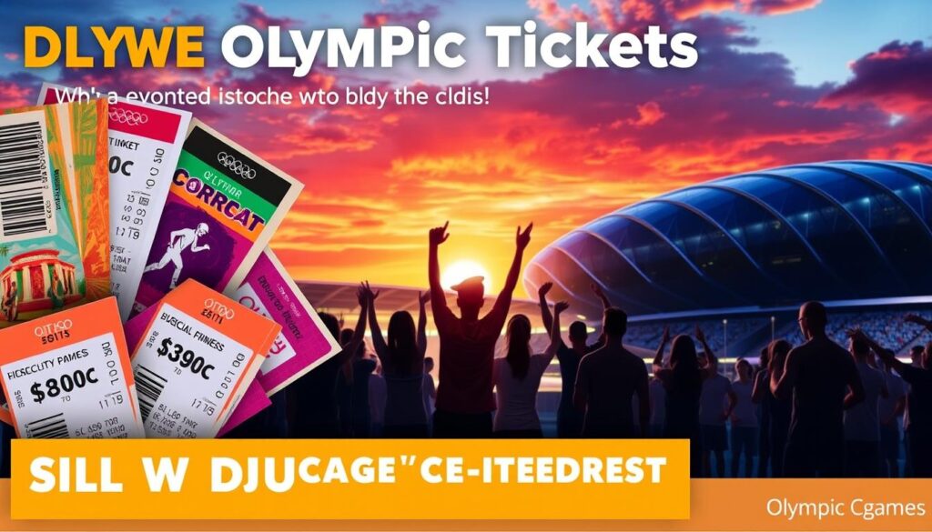 A vibrant and informative poster showcasing discounted Olympic ticket offers. The foreground features an array of event tickets with bold graphics and price tags, capturing the excitement of the upcoming games. In the middle ground, a group of people in athletic gear celebrating, creating a sense of energy and anticipation. The background depicts a sleek, modern stadium silhouetted against a vibrant sunset sky, hinting at the grand scale of the Olympic spectacle. The overall composition conveys the idea of accessibility and affordability, encouraging potential attendees to take advantage of promotional deals and budget-friendly options.