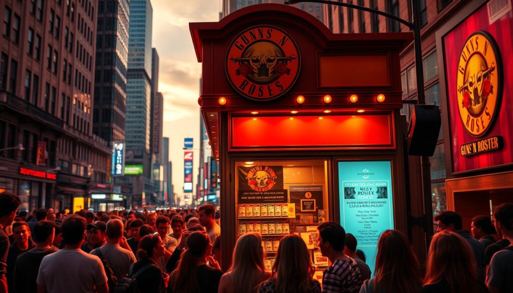 A vibrant and inviting concert ticket booth set against the backdrop of a bustling city street. The booth's facade is adorned with Guns N' Roses' iconic logo, creating a focal point that immediately captures the viewer's attention. Warm, directional lighting illuminates the scene, casting dramatic shadows and highlighting the details of the booth's architecture. The foreground features a well-organized display of ticket options, inviting passersby to inquire about availability and pricing. In the middle ground, a crowd of eager fans gathers, their expressions conveying a sense of excitement and anticipation for the upcoming concert. The background depicts the bustling urban landscape, with towering buildings, electric signs, and the hum of traffic, creating a lively and immersive atmosphere that complements the concert theme. A vibrant and inviting concert ticket booth set against the backdrop of a bustling city street. The booth's facade is adorned with Guns N' Roses' iconic logo, creating a focal point that immediately captures the viewer's attention. Warm, directional lighting illuminates the scene, casting dramatic shadows and highlighting the details of the booth's architecture. The foreground features a well-organized display of ticket options, inviting passersby to inquire about availability and pricing. In the middle ground, a crowd of eager fans gathers, their expressions conveying a sense of excitement and anticipation for the upcoming concert. The background depicts the bustling urban landscape, with towering buildings, electric signs, and the hum of traffic, creating a lively and immersive atmosphere that complements the concert theme.