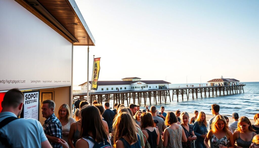 A vibrant and lively scene of the Sopot Festival, a renowned annual music event in the coastal city of Sopot, Poland. The foreground features a group of festival-goers eagerly purchasing tickets at a well-designed booth, their faces alight with excitement. The middle ground showcases the iconic Sopot Pier in the background, its elegant wooden structure stretching out into the Baltic Sea. The sky is filled with warm, golden light, creating a welcoming and celebratory atmosphere. The overall composition conveys the energy and anticipation of the festival, inviting the viewer to imagine the diverse music, entertainment, and cultural experiences that await.