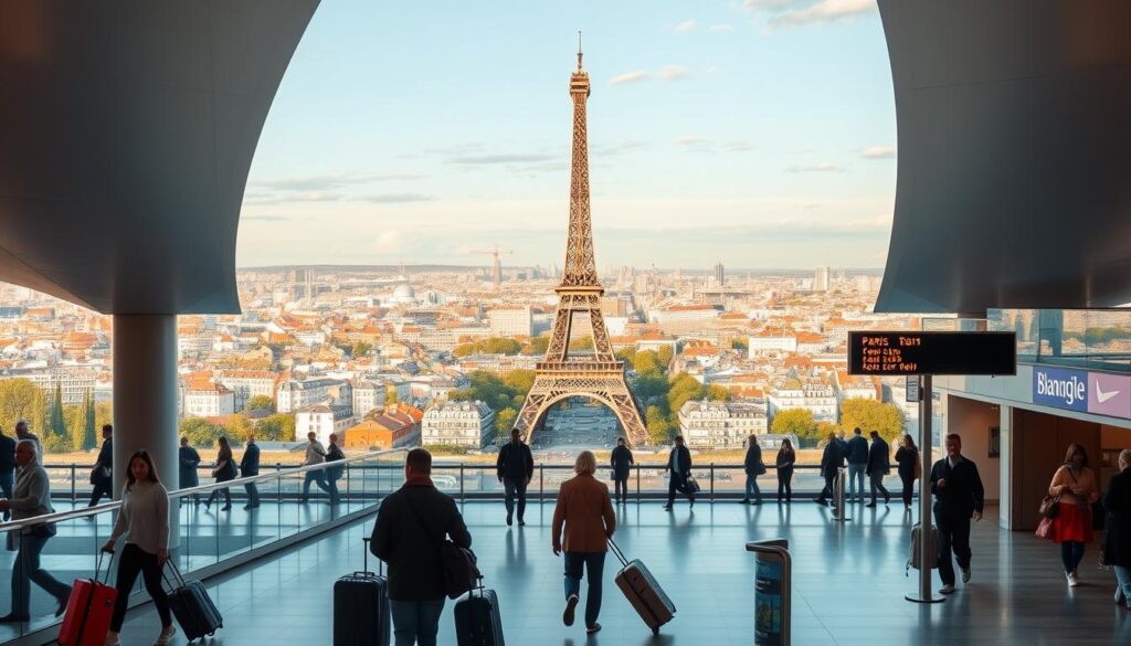 A vibrant cityscape of Paris, the City of Light, with the iconic Eiffel Tower standing tall in the background. In the foreground, a modern airport terminal with sleek, minimalist architecture and large windows offering a panoramic view of the city. Travelers are navigating the terminal, their luggage in tow, as they search for the airline counters offering the most affordable flights to the French capital. The lighting is warm and inviting, reflecting the welcoming atmosphere of the airport. The overall scene conveys a sense of anticipation and excitement for the journey ahead, with the promise of discovering the wonders of Paris at an accessible price.
