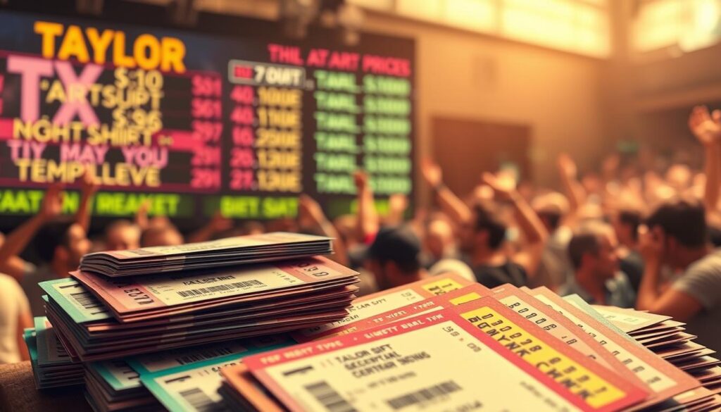 A vibrant collage showcasing a diverse range of ticket prices for a Taylor Swift concert on the secondary market. In the foreground, a stack of colorful tickets with varying price tags, reflecting the dynamic nature of the resale market. The middle ground features a digital display board with constantly updating prices, conveying the fluid and unpredictable nature of the secondary ticket economy. In the background, a blurred crowd of concertgoers, their excitement palpable, creating a sense of anticipation and the high demand for these coveted tickets. Warm lighting and a soft, muted color palette lend an air of authenticity and credibility to the scene, inviting the viewer to explore the nuances of this complex ticket pricing landscape.