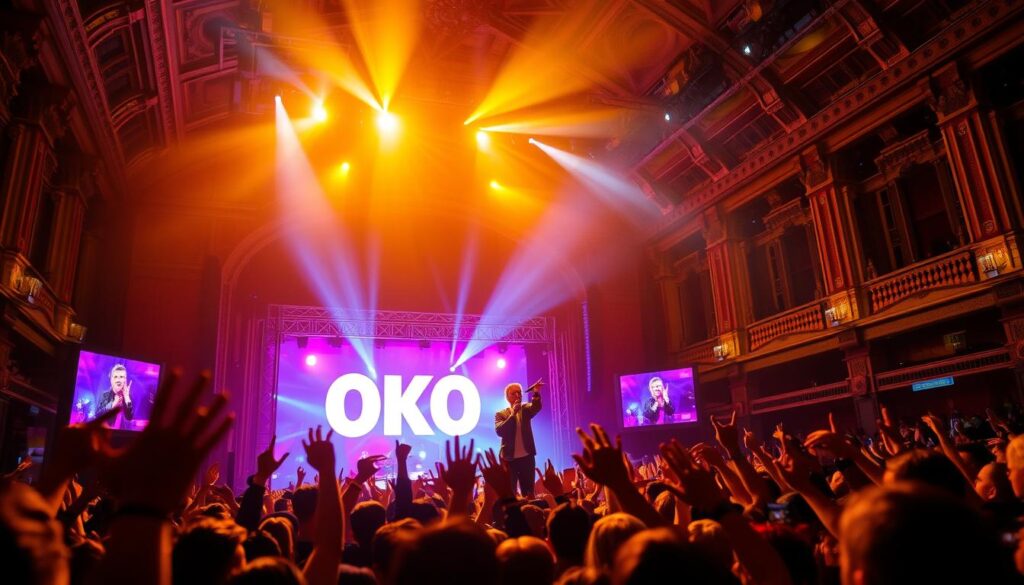 A vibrant concert scene at a renowned Polish venue, capturing the energy and atmosphere of an Oko performance. In the foreground, the charismatic artist commands the stage, illuminated by a warm, dynamic lighting setup that accentuates their captivating stage presence. The middle ground features the enthusiastic crowd, their hands raised in celebration, creating a sea of excitement. In the background, the venue's distinct architectural features, such as high ceilings and ornate details, provide a visually striking backdrop, conveying a sense of grandeur and cultural significance. The overall image evokes the thrill and artistic excellence of an Oko concert, showcasing the artist's ability to captivate audiences in Poland's premier performance spaces.