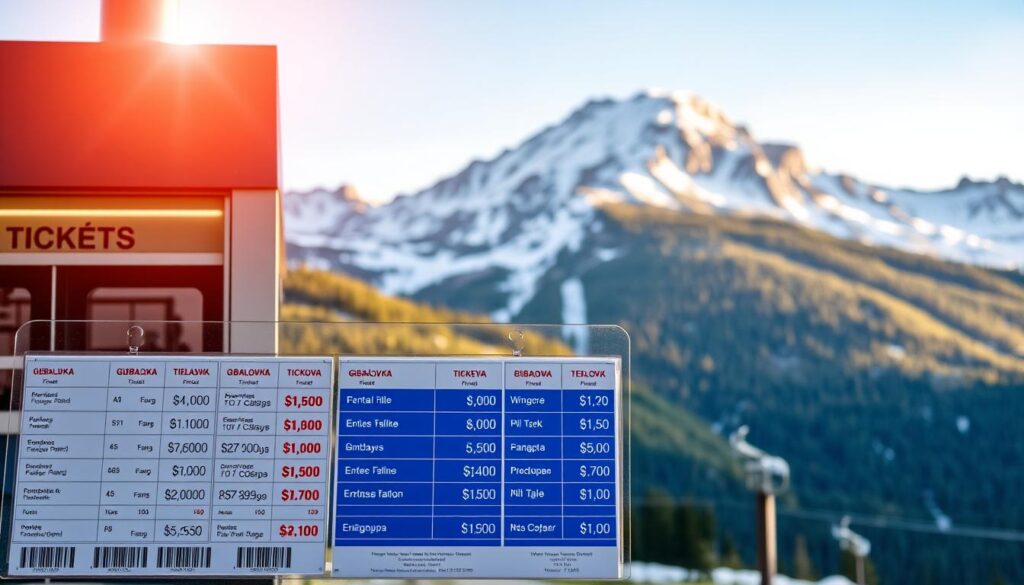 A vibrant display of ticket prices for the Gubałówka cable car, set against the backdrop of the majestic Tatra Mountains. In the foreground, a neatly organized grid of ticket options, highlighting the differences between standard and discounted fares. The middle ground features a sleek, modern ticket booth, its design blending seamlessly with the natural surroundings. The background showcases the iconic Gubałówka peak, its snowy slopes and lush greenery creating a captivating alpine scene. The lighting is warm and inviting, casting a gentle glow over the entire composition. The overall atmosphere conveys a sense of accessibility and adventure, encouraging visitors to explore the wonders of this remarkable destination.