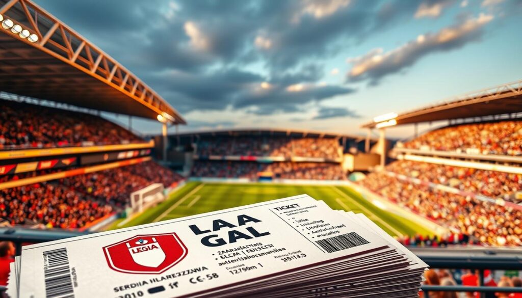 A vibrant, high-quality image of Legia Warszawa soccer club tickets. The foreground features a stack of paper tickets with the Legia logo and holographic security elements. The middle ground showcases a variety of ticket sales outlets, such as the stadium box office, online ticketing platforms, and authorized retail locations. The background depicts the iconic Legia Warszawa stadium, with its distinctive architecture and passionate fans in the stands. The scene is captured in warm, golden lighting that conveys the excitement and energy of a match day. The image should showcase the various purchasing options available for Legia Warszawa tickets, reflecting the subject and section title. A vibrant, high-quality image of Legia Warszawa soccer club tickets. The foreground features a stack of paper tickets with the Legia logo and holographic security elements. The middle ground showcases a variety of ticket sales outlets, such as the stadium box office, online ticketing platforms, and authorized retail locations. The background depicts the iconic Legia Warszawa stadium, with its distinctive architecture and passionate fans in the stands. The scene is captured in warm, golden lighting that conveys the excitement and energy of a match day. The image should showcase the various purchasing options available for Legia Warszawa tickets, reflecting the subject and section title.
