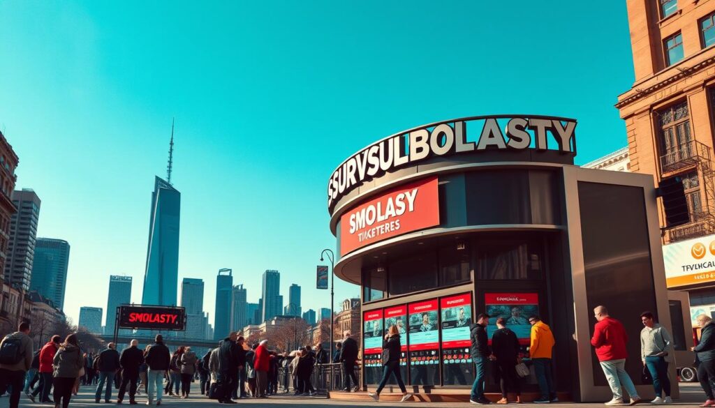 A vibrant, high-resolution image depicting a concert ticket booth for the Polish rapper Smolasty. The booth is situated in a bustling city square, with people queuing to purchase tickets. The booth is made of sleek, modern materials, with digital displays showcasing ticket information and pricing. The background features a skyline of towering skyscrapers and a clear, blue sky, creating a sense of urban dynamism. Subtle lighting and shadows add depth and realism to the scene, while the overall composition draws the viewer's attention to the ticket booth as the focal point. A vibrant, high-resolution image depicting a concert ticket booth for the Polish rapper Smolasty. The booth is situated in a bustling city square, with people queuing to purchase tickets. The booth is made of sleek, modern materials, with digital displays showcasing ticket information and pricing. The background features a skyline of towering skyscrapers and a clear, blue sky, creating a sense of urban dynamism. Subtle lighting and shadows add depth and realism to the scene, while the overall composition draws the viewer's attention to the ticket booth as the focal point.