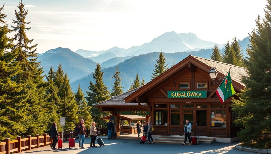 A vibrant, high-resolution image of the Gubałówka funicular railway station in Zakopane, Poland. The station's iconic wooden architecture stands in the foreground, surrounded by lush, verdant pine forests. Visitors can be seen approaching the station, luggage in hand, eager to purchase tickets for the scenic journey up the mountain. The station's exterior is bathed in warm, golden sunlight, creating a welcoming atmosphere. In the background, the majestic Tatra Mountains rise up, their snow-capped peaks visible in the distance. The scene conveys the excitement and anticipation of embarking on this quintessential Zakopane experience.