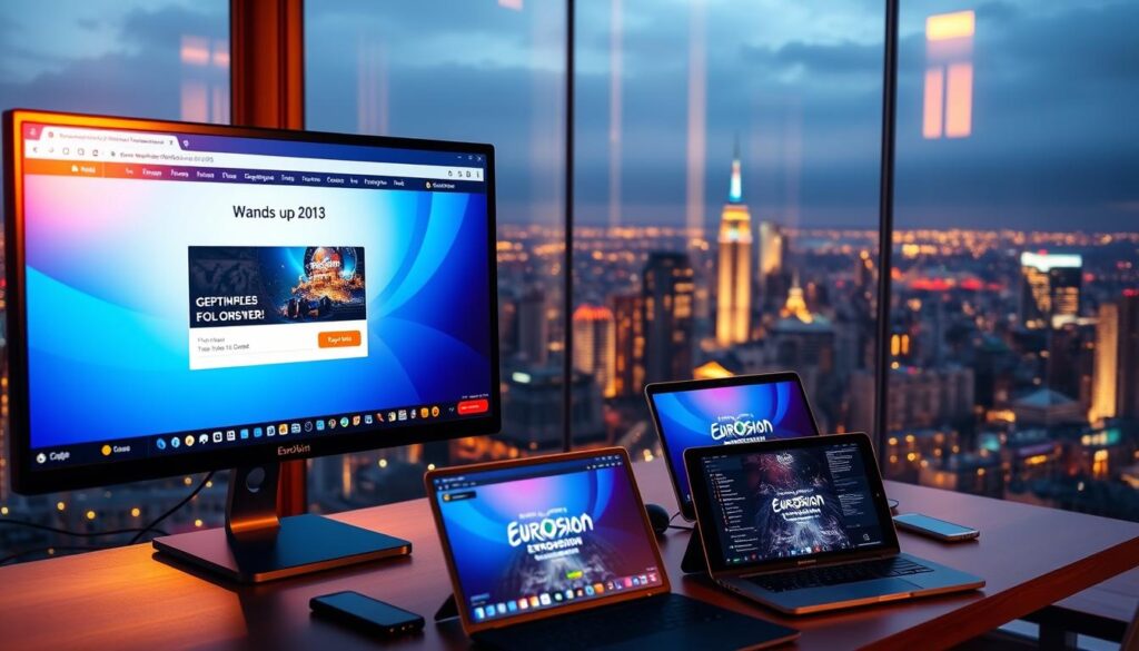 A vibrant, high-resolution image of the official Eurovision ticket sales channels. In the foreground, a large computer monitor displaying the Eurovision website's ticket purchasing page, its sleek design and intuitive interface inviting the viewer to explore. In the middle ground, a desk with a laptop, smartphone, and other devices, showcasing the various digital platforms available for ticket acquisition. The background features a panoramic view of a bustling city skyline, hinting at the global scale and excitement of the Eurovision event. The lighting is warm and inviting, creating a sense of anticipation and accessibility. The overall composition conveys the ease, convenience, and reliability of securing Eurovision tickets through official online channels. A vibrant, high-resolution image of the official Eurovision ticket sales channels. In the foreground, a large computer monitor displaying the Eurovision website's ticket purchasing page, its sleek design and intuitive interface inviting the viewer to explore. In the middle ground, a desk with a laptop, smartphone, and other devices, showcasing the various digital platforms available for ticket acquisition. The background features a panoramic view of a bustling city skyline, hinting at the global scale and excitement of the Eurovision event. The lighting is warm and inviting, creating a sense of anticipation and accessibility. The overall composition conveys the ease, convenience, and reliability of securing Eurovision tickets through official online channels.