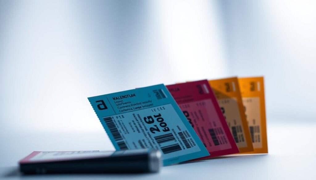 A vibrant image of conference league final tickets, captured with a professional camera lens. The foreground features several ticket stubs in various colors, neatly arranged against a soft, blurred background. The tickets are detailed, showcasing intricate designs and security features. The middle ground displays a clean, minimalist layout, allowing the tickets to take center stage. In the background, a subtle gradient in shades of blue or gray creates a sense of depth and sophistication. The lighting is soft and diffused, highlighting the tickets' textures and creating a warm, inviting atmosphere. The overall composition is balanced and visually appealing, perfectly capturing the essence of conference league final tickets.