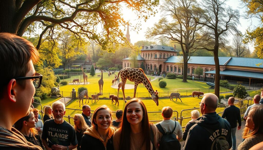 A vibrant, immersive scene of the Kraków Zoo, captured with a wide-angle lens to showcase its expansive grounds and diverse animal habitats. In the foreground, a group of visitors marvels at the playful antics of the zoo's residents, their expressions filled with wonder and delight. The middle ground reveals a lush, verdant landscape, dotted with enclosures housing a variety of exotic creatures, from towering giraffes to prowling big cats. In the background, the iconic architecture of the zoo's buildings stands as a testament to its rich history and commitment to conservation. Warm, golden sunlight filters through the canopy of trees, creating a serene and inviting atmosphere that draws the viewer in, eager to explore the Kraków Zoo's many captivating attractions.