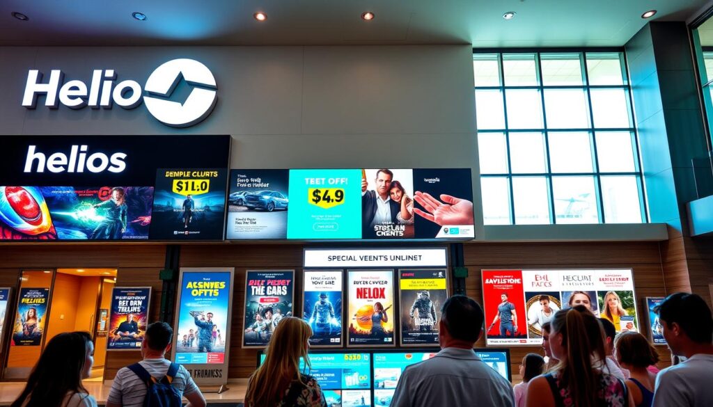 A vibrant, modern movie theater lobby with the "Helios" logo prominently displayed on the front facade. The middle ground features a variety of promotional posters and digital displays showcasing discounted movie tickets, bundle deals, and special event screenings. In the foreground, a group of moviegoers are examining the offers, their faces lit by the warm, inviting lighting. The background depicts a sleek, contemporary design with clean lines, neutral tones, and large windows allowing natural light to flood the space. The overall atmosphere conveys a sense of excitement and value for the cinema-going experience.