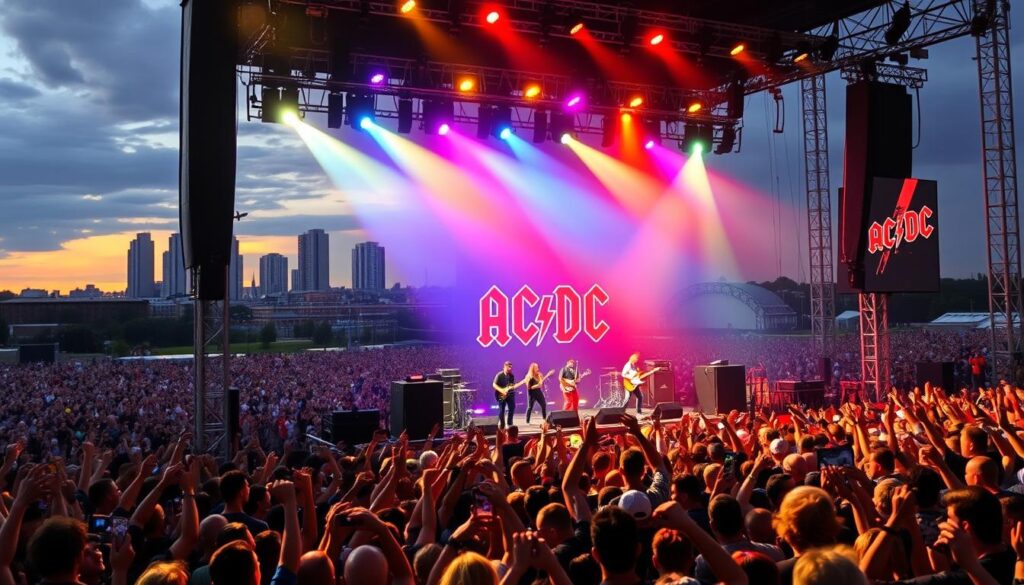 A vibrant outdoor concert scene featuring AC/DC performing on a large stage in Poland. The stage is illuminated by colorful spotlights, casting a warm glow over the massive crowd of enthusiastic fans. In the foreground, a sea of raised fists and cheering fans, their faces alight with excitement. The middle ground showcases the iconic AC/DC band members, captured in mid-performance, their energy and passion palpable. The background features the skyline of a Polish city, with towering buildings and landmarks visible in the distance. The overall atmosphere is electric, capturing the electric energy and atmosphere of an AC/DC concert in Poland.