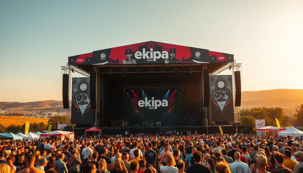 A vibrant outdoor music festival setting, with the main stage prominently displayed in the center. The stage is adorned with the signature branding and logos of "Ekipa", a popular Polish entertainment group. In the foreground, a crowd of enthusiastic attendees, dressed in colorful festival attire, gathers around the stage, their energy palpable. The middle ground features various food and merchandise stalls, offering a diverse array of festival experiences. In the background, a scenic landscape of rolling hills or cityscape provides a picturesque backdrop, bathed in warm, golden lighting that creates a celebratory atmosphere. The overall composition conveys the excitement and energy of a major music festival, highlighting the central focus of the "Ekipa" event.