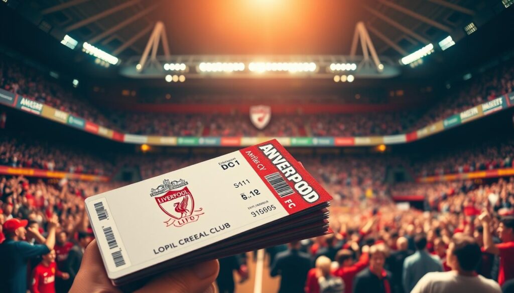 A vibrant stadium scene showcasing Liverpool football club tickets. In the foreground, a stack of colorful match day tickets, with the iconic Liverpool FC crest prominently displayed. The middle ground features a bustling crowd of fans eagerly making their way towards the stadium entrance, their expressions filled with anticipation. The background depicts the grand facade of the legendary Anfield stadium, its iconic architecture and towering floodlights creating an immersive atmosphere. The lighting is warm and dynamic, capturing the energy and excitement of a big match day. The composition emphasizes the accessibility and availability of Liverpool tickets, inviting the viewer to join the passionate fanbase.