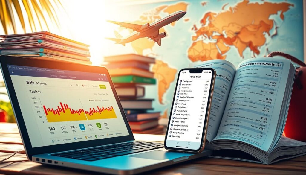 A vibrant, sun-drenched scene of cost-saving travel hacks. In the foreground, an open laptop displays a live flight search, with colorful charts and graphs highlighting the cheapest routes to Bali. Hovering above it, a stack of travel guides and discount coupon books, their pages fluttering in a gentle breeze. In the middle ground, a smartphone displays a meticulously curated list of budget-friendly accommodation options, each marked with a price tag. In the background, a world map unfurls, pinpointing low-cost airports and hidden gem destinations. The entire composition is bathed in a warm, golden light, conveying a sense of discovery and adventure, perfectly encapsulating the "Tanie triki" section of the article.