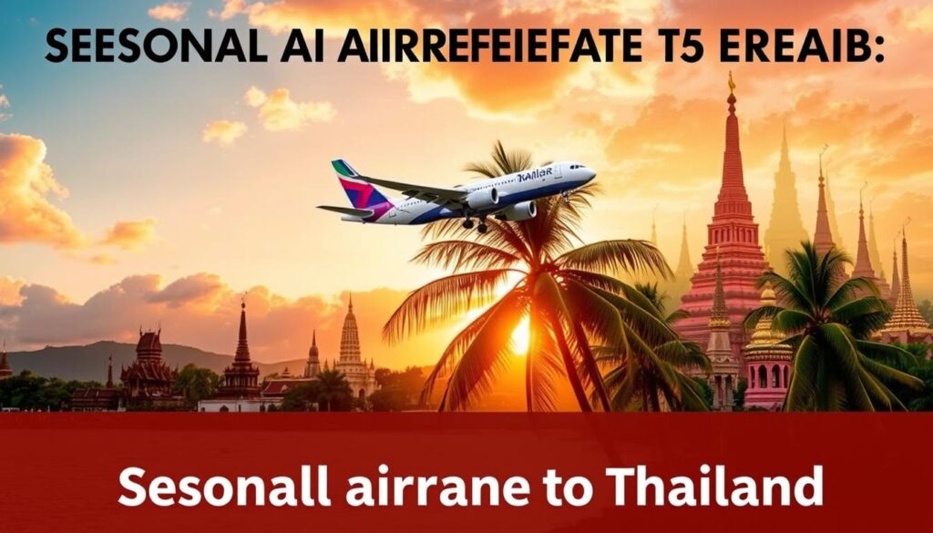 A vibrant travel ad showcasing seasonal airfare deals to Thailand. Prominently displayed is a stunning sunset over a tropical beach, with palm trees swaying in the foreground. The image has a warm, golden glow, conveying the inviting atmosphere of the destination. In the middle ground, a modern aircraft takes flight, symbolizing the convenience of travel. The background features a collage of Thai landmarks, from ancient temples to bustling cityscapes, hinting at the diverse experiences awaiting visitors. The overall composition exudes a sense of wanderlust and the promise of an unforgettable journey, making it an impactful visual for the article's section on seasonal flight pricing. A vibrant travel ad showcasing seasonal airfare deals to Thailand. Prominently displayed is a stunning sunset over a tropical beach, with palm trees swaying in the foreground. The image has a warm, golden glow, conveying the inviting atmosphere of the destination. In the middle ground, a modern aircraft takes flight, symbolizing the convenience of travel. The background features a collage of Thai landmarks, from ancient temples to bustling cityscapes, hinting at the diverse experiences awaiting visitors. The overall composition exudes a sense of wanderlust and the promise of an unforgettable journey, making it an impactful visual for the article's section on seasonal flight pricing.