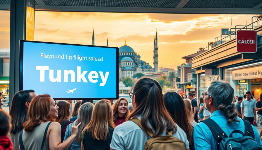 A vibrant travel advertisement depicting discounted flight deals to Turkey. In the foreground, a group of diverse travelers excitedly gather around a digital screen displaying an eye-catching sale on airfare. The middle ground features a sweeping vista of the iconic Blue Mosque and Hagia Sophia against a warm, golden sky. The background showcases lively Turkish street scenes, with colorful shops and bustling pedestrians. The lighting is soft and inviting, conveying a sense of adventure and exploration. The overall composition evokes a feeling of discovery and the allure of affordable travel opportunities to this fascinating destination.