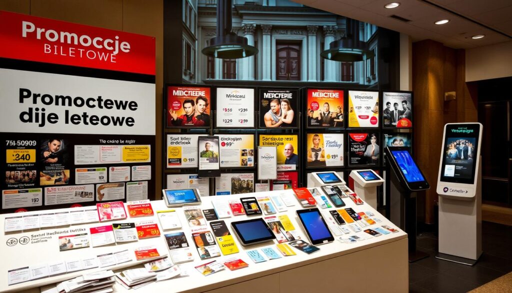 A vibrant, well-lit display of various theater ticket promotions and offers, showcasing a range of discounted prices, package deals, and special promotions. The foreground features a prominent "Promocje Biletowe" banner, with a variety of ticket stubs, pamphlets, and posters arrayed neatly across a sleek, modern display. The middle ground includes an assortment of digital tablets and kiosks, highlighting the convenience of online ticket purchasing. The background subtly hints at the theater's facade, creating a sense of place and anticipation. The overall composition conveys a welcoming, informative, and visually appealing atmosphere, inviting the viewer to explore the available promotional options.