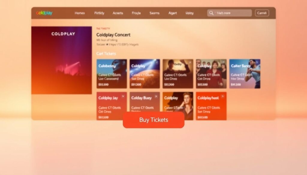 A warm, inviting scene of a modern concert ticket website, with a sleek, minimalist design showcasing various Coldplay concert tickets. The foreground features a prominent "Buy Tickets" button, beckoning the user to explore ticket options. The middle ground displays a grid of available concert dates and locations, each with clear pricing information. The background gently fades into a soft, gradient-based color scheme, creating a sense of depth and sophistication. The overall composition conveys the ease and convenience of finding and purchasing Coldplay concert tickets without the hassle of overpaying.