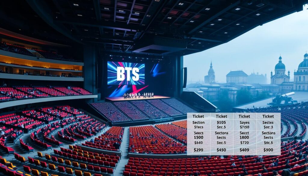 A well-lit arena stage with tiered seating, filled with rows of seats in various shades of red, blue, and gold. In the foreground, a large screen displays the BTS logo against a backdrop of dynamic lighting effects. In the middle ground, a detailed schematic of ticket pricing for different seating areas, categorized by section and price point. The background features a soft, blurred cityscape with recognizable European architectural elements, evoking the international nature of the BTS fan base. The overall atmosphere is one of excitement and anticipation, capturing the essence of a BTS concert experience.