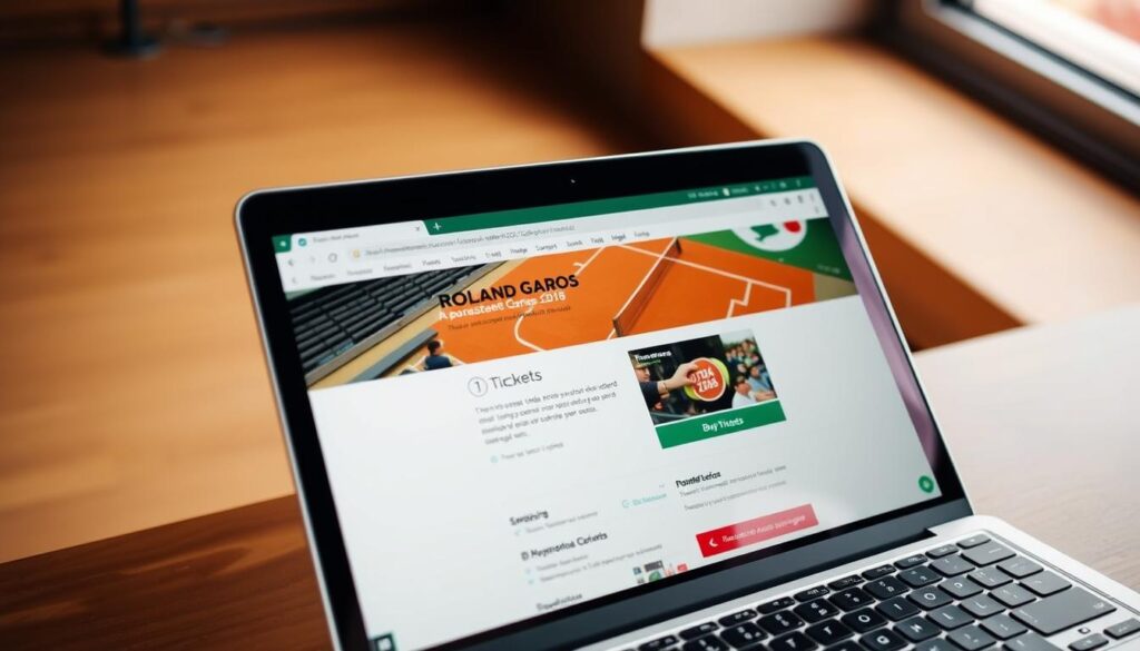 A well-lit, high-angle shot of a laptop screen displaying a website with information about purchasing tickets for the Roland Garros tennis tournament. The foreground shows the laptop's keyboard and touchpad, suggesting the user is actively engaged in the ticket-buying process. The middle ground features the website's homepage, with clear navigation options and a prominent "Buy Tickets" button. The background is softly blurred, creating a sense of focus on the task at hand. The overall atmosphere is one of efficiency and anticipation, with the user poised to secure their coveted spot at the prestigious event.