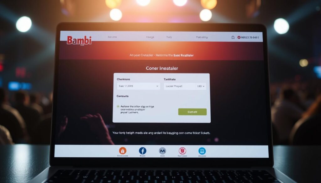 A well-lit, high-resolution photograph of a trustworthy online ticket retailer's website, showcasing a secure checkout process for purchasing Bambi concert tickets. The foreground should feature a clean, user-friendly interface with clear pricing information and availability, as well as prominent security indicators like SSL certificates and trust seals. The middle ground could include subtle branding elements or testimonials from satisfied customers. The background should convey a sense of reliability and professionalism, perhaps with subtle visual cues related to the Bambi brand or the concert venue. The overall mood should be one of confidence, convenience, and peace of mind for the prospective ticket buyer.