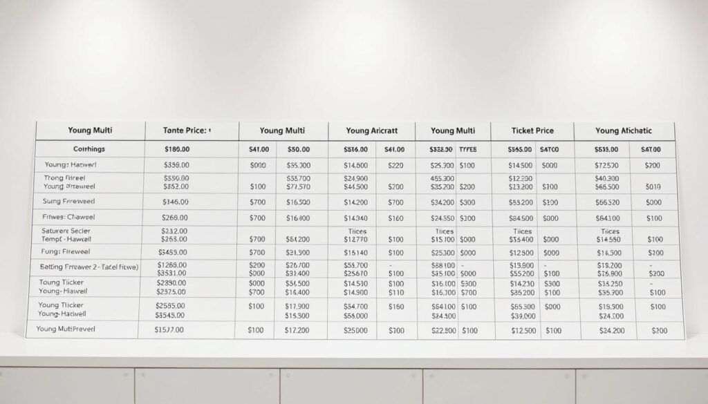 A wide table displaying a range of ticket prices for a Young Multi concert, set against a clean, minimalist background. The prices are presented in a clear, organized manner, with distinct columns for different seating sections or ticket types. The lighting is soft and evenly distributed, creating a sense of elegance and professionalism. The camera angle is slightly elevated, providing a comprehensive view of the price information. The overall mood is one of informative clarity, inviting the viewer to easily comprehend the various pricing options available. A wide table displaying a range of ticket prices for a Young Multi concert, set against a clean, minimalist background. The prices are presented in a clear, organized manner, with distinct columns for different seating sections or ticket types. The lighting is soft and evenly distributed, creating a sense of elegance and professionalism. The camera angle is slightly elevated, providing a comprehensive view of the price information. The overall mood is one of informative clarity, inviting the viewer to easily comprehend the various pricing options available.