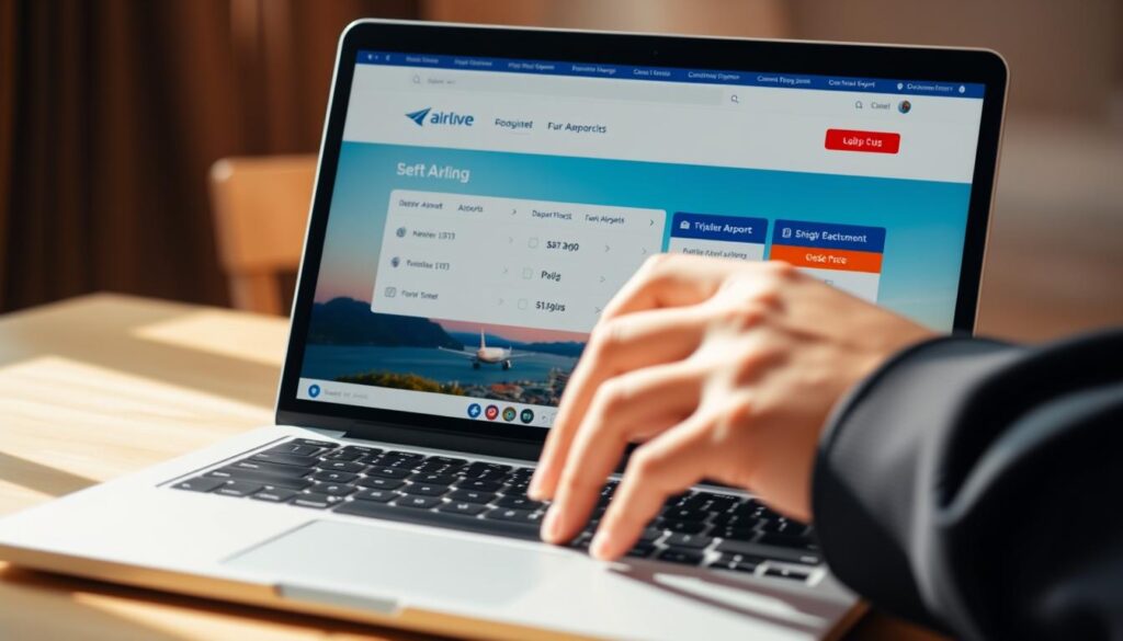 An airline booking website displayed on a laptop screen, showcasing a user-friendly interface with intuitive search and selection options. The foreground features a traveler's hand interacting with the screen, conveying a sense of efficiency and ease in the booking process. The middle ground includes visual cues like departure and arrival airports, flight dates, and pricing information, all presented in a clean and organized layout. The background subtly suggests a sense of anticipation and excitement for the upcoming journey, with hints of a vibrant travel destination in the distance. The overall scene is captured with a warm, natural lighting that creates a welcoming and trustworthy atmosphere, reflecting the reliable and hassle-free nature of the airline booking experience. An airline booking website displayed on a laptop screen, showcasing a user-friendly interface with intuitive search and selection options. The foreground features a traveler's hand interacting with the screen, conveying a sense of efficiency and ease in the booking process. The middle ground includes visual cues like departure and arrival airports, flight dates, and pricing information, all presented in a clean and organized layout. The background subtly suggests a sense of anticipation and excitement for the upcoming journey, with hints of a vibrant travel destination in the distance. The overall scene is captured with a warm, natural lighting that creates a welcoming and trustworthy atmosphere, reflecting the reliable and hassle-free nature of the airline booking experience.