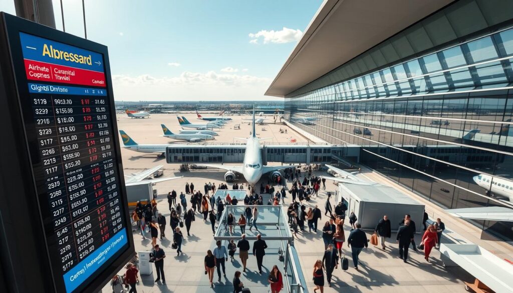 Crisp, sun-drenched aerial view of a bustling international airport terminal, with rows of modern aircraft on the tarmac. In the foreground, a large digital display board showcases a variety of flight routes and prices, inviting the viewer to discover affordable global travel options. The middle ground features a concourse filled with well-dressed passengers hurrying towards their gates, conveying a sense of efficient, yet relaxed, airline travel. The background is dominated by a striking, angular architecture with sleek glass facades, creating an airy, light-filled atmosphere. The overall mood is one of cosmopolitan sophistication and the thrill of uncovering budget-friendly airfare.