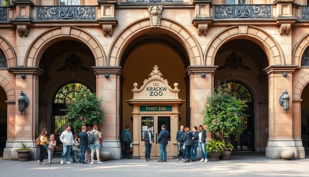 Detailed architectural facade of the Krakow Zoo entrance, with elegant stone archways and ornate ironwork accents. The central ticket booth stands prominently, flanked by lush greenery and potted plants. Visitors queue patiently, eagerly anticipating their day among the diverse animal exhibits. Soft, natural lighting filters through, creating a warm and inviting atmosphere. The scene conveys a sense of timeless tradition and family-friendly adventure, capturing the essence of this beloved Polish institution.