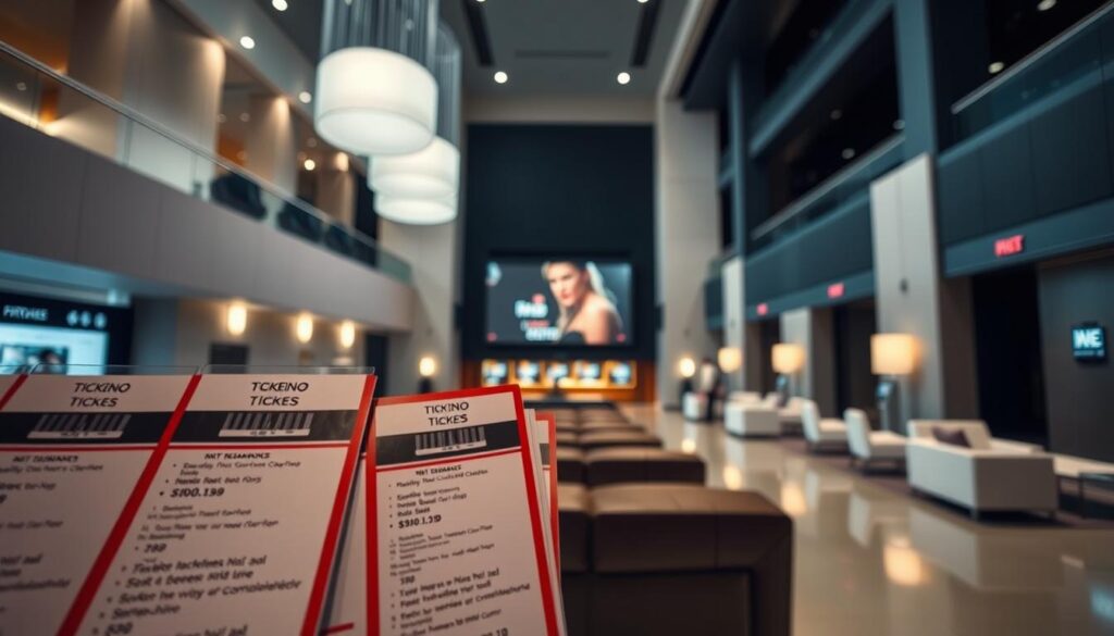 Detailed image of a Multikino movie theater ticket display in a modern, well-lit lobby. The foreground showcases an array of ticket options, with prices clearly visible for various seat classes and screening times. The middle ground features a large screen or digital display showing a movie poster or information about the current showings. The background includes architectural elements like high ceilings, sleek furniture, and minimal decor, creating a clean, sophisticated ambiance. Lighting is soft and indirect, with a warm, inviting tone. The overall scene conveys a sense of anticipation and cinematic experience.